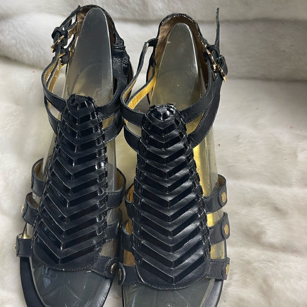 Arturo Chiang Leather black ankle straps wedge sandals SZ10M - Picture 2 of 12